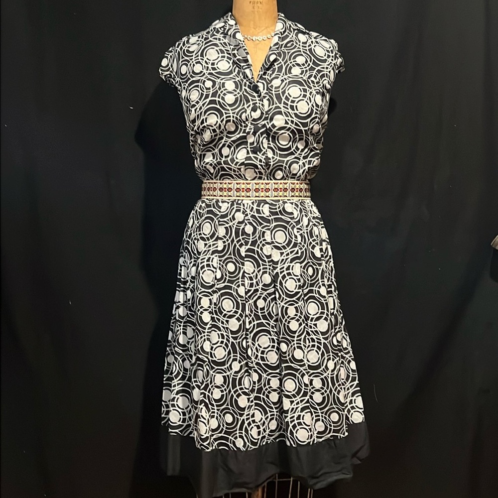 Carole Little mod print fit & flare cotton midi dress/cap sleeve & pleats – EUC